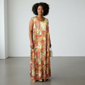 Vintage Hilo Hattie Pink Yellow Hawaiian Bamboo Print Maxi Dress - 2X